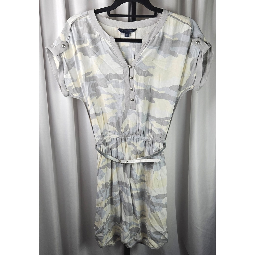Women's Y2K Tommy Hilfiger Camo Dress Silver Belted Casual Button Down Size‎ XS